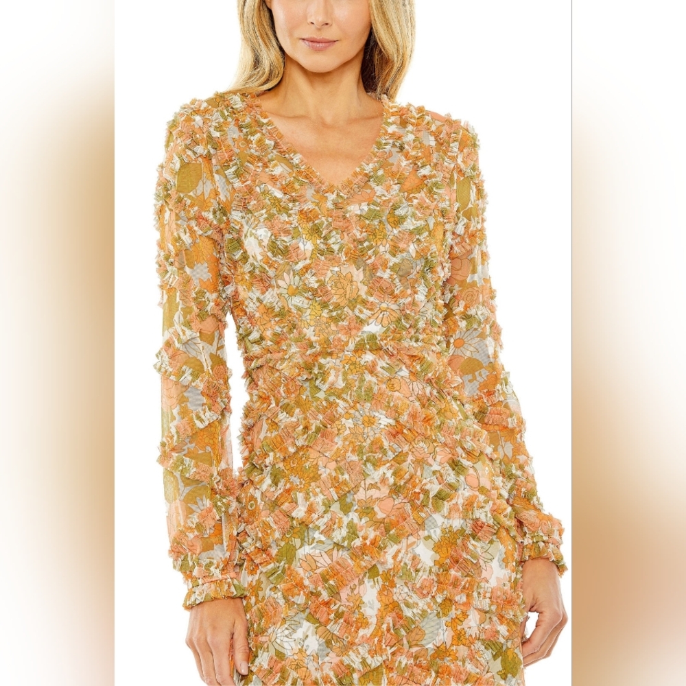 Mac Duggal Orange Floral Long Sleeve Dress - Picture 2 of 10